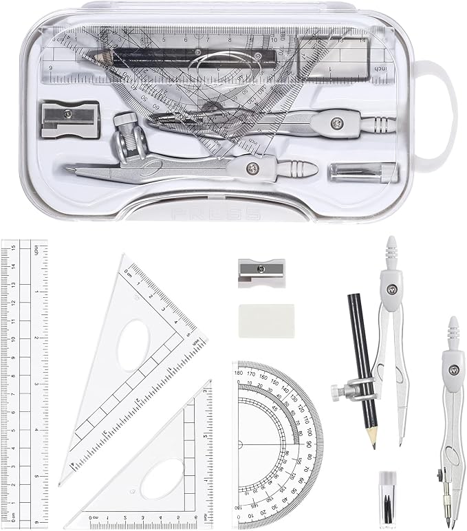 10 Pieces Math Geometry Kit Set Student Supplies with Shatterproof Storage Box,Includes Rulers,Protractor,Compass,Eraser,Pencil Sharpener,Lead Refills,Pencil,for School and Drawings(Grey)