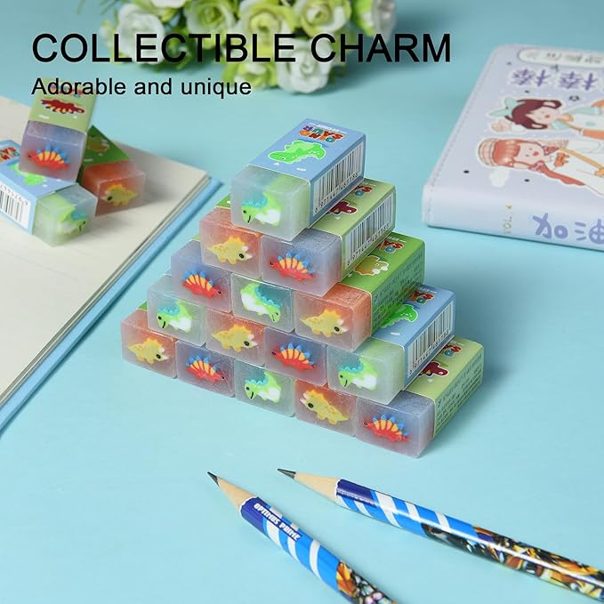 18Pcs Cute Dinosaur Erasers for Kids Bulk, Kawaii Fun Pencil Jelly Erasers for School Classroom Supplies Prize Gifts Party Favors