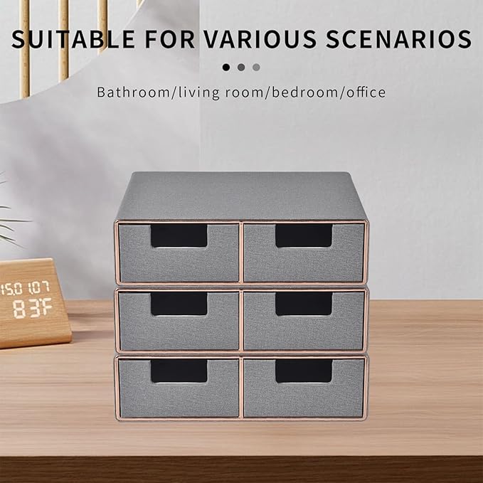 Linen Leather Desk Organizer with Drawers-Mini Desktop Drawer Organizer Stackable-Multifunctional Tabletop Organization Storage Box for Office Supplies Home Vanity Toiletries (Grey, 2-drawers)