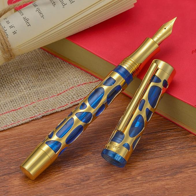 Asvine V169 Vacuum Filling Fountain Pen Medium Nib, Water Drop Skeleton Gold Trim Transparent Blue Acrylic Pen Case Set