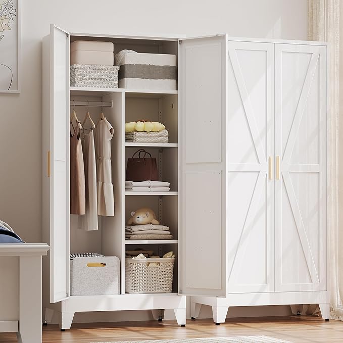 Metal Wardrobe Cabinet with Hanging Rod,Large 71" Armoire Wardrobe Closet with Adjustable Shelves,Farmhouse Metal Clothing Storage Cabinets for Bedroom,Office,Employee(White)