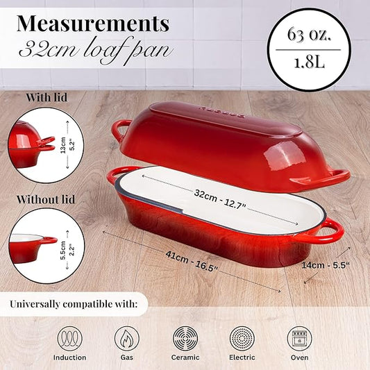 Enamelled Cast Iron Bread Loaf Pot – Dutch Oven For Sourdough Bread Baking – Oven Safe Non Stick Bread Pot – Rectangular, Red, 34cm x 16cm – by Nuovva