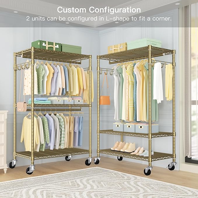 P1 Rolling Clothes Rack, Movable Metal Garment Closet Organizer with Lockable Wheels, Clothing Wardrobe with Double Hanger Rods and Hooks, 35.4" W x 15.7" D x 80.5" H, Load 450lbs, Gold