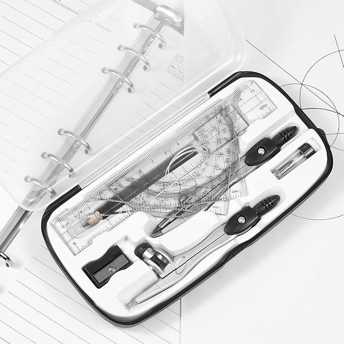 Math Geometry Kit Sets 10 Piece Student Supplies with Shatterproof Storage Box,Includes Rulers,Protractor,Compass,Eraser,Pencil Sharpener,Lead Refills,Pencil,for Drafting(Black)