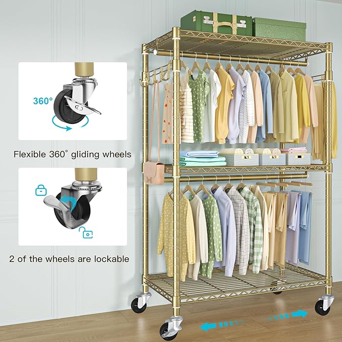P1 Rolling Clothes Rack, Movable Metal Garment Closet Organizer with Lockable Wheels, Clothing Wardrobe with Double Hanger Rods and Hooks, 35.4" W x 15.7" D x 80.5" H, Load 450lbs, Gold