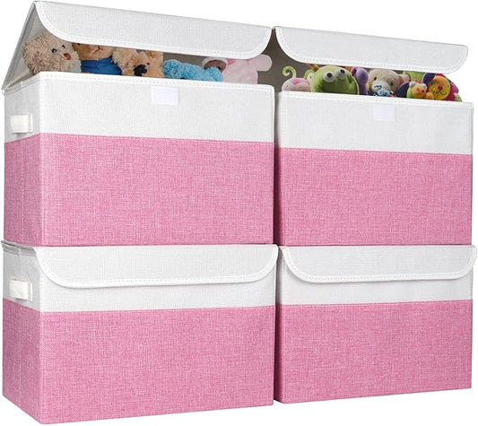 Large 22 Quart Linen Fabric Foldable Storage Bin Cube Organizer Basket with Flip-Top Lid & Handles, Clothes Blanket Box for Home, Office, Closet, Pink & White, 4 Pack 14.6 x 9.5 x 9.5