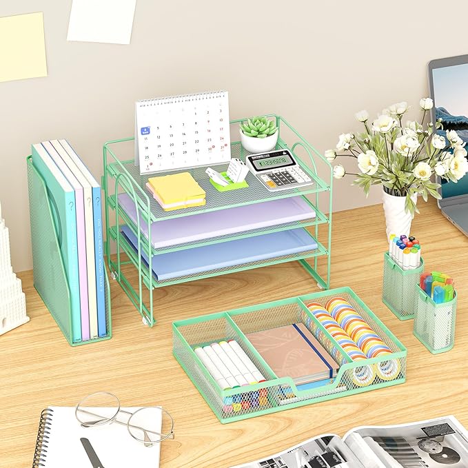 Marbrasse Desk Organizer and Accessories,4-Tier Paper Letter Tray Organizer with File Holder, Desk Accessories & Workspace Organizers with Drawer and 2 Pen Holder (Green, 15.4" x 9.1" x 8.3")