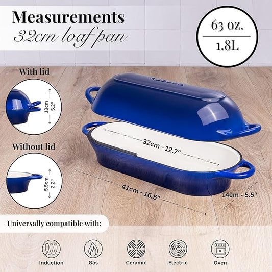 Enamelled Cast Iron Bread Loaf Pot – Dutch Oven For Sourdough Bread Baking – Oven Safe Non Stick Bread Pot – Rectangular, Dark Blue, 34cm x 16cm – by Nuovva