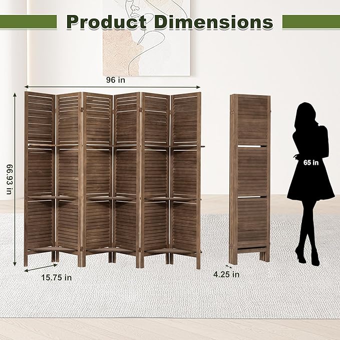 NicBex 6 Panel Room Divider 5.6FT Louvered Design Room Dividers with Display Storage Shelves Folding Privacy Screens Portable Freestanding Partition Wall Dividers for Home Bedroom Office, Dark Brown