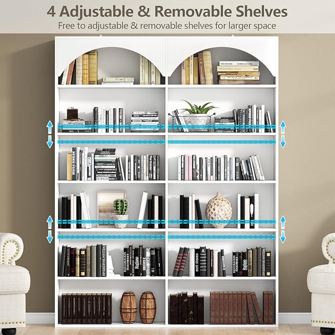 70.8’’ Tall Bookshelf and Bookcase of 2 pcs, 7-Tier Double Wide Bookcase Modern Large Open Display Shelves with Curved Baffle for Home Office Living Room (White-2pcs)