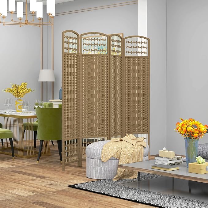 NicBex Room Divider 4 Panel Room Dividers with Woven Paper Design Partition Room Dividers and Folding Privacy Screens 5.6 FT Wall Divider for Office, Room Separation,63.6" W x 0.5" D x 67" H, Natural