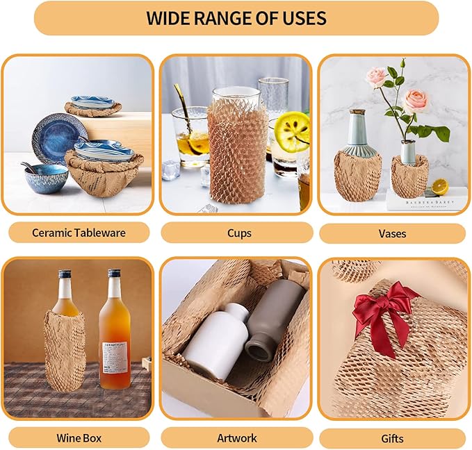 Honeycomb Packing Paper, 15"x230' Honeycomb Cushioning Bubble Wrap Paper Roll for Moving Shipping Breakables Packaging Gifts with 20 Fragile Sticker Biodegradable & Fully Recyclable Brown Kraft