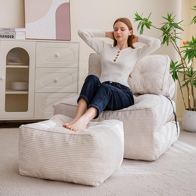 HIGOGOGO Square Stuffed Pouf Ottoman, Corduroy Poufs with Foam Chunk Filling, Furry and Fluffy Pouf Foot Stool Storage Ottoman, 25.6 X 25.6 Floor Poufs Foot Rest for Living Room, Beige
