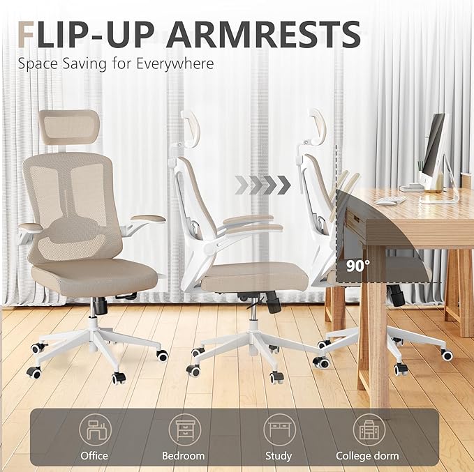 Desk Offiice Chair, Ergonomic Comfy Mesh Chair, Home High Back Gaming Executive Chair with Wheels, Compute Capacity 350LBS, Lumbar Support, Adjustable Headrest, Flip-up Armrest