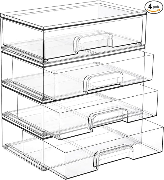 Vtopmart 12.1''W Clear Stackable Storage Drawers,4 Pack Acrylic Plastic Organizers Bins for Makeup Palettes, Cosmetics, and Beauty Supplies,Ideal for Vanity, Bathroom,Cabinet,Desk Organization