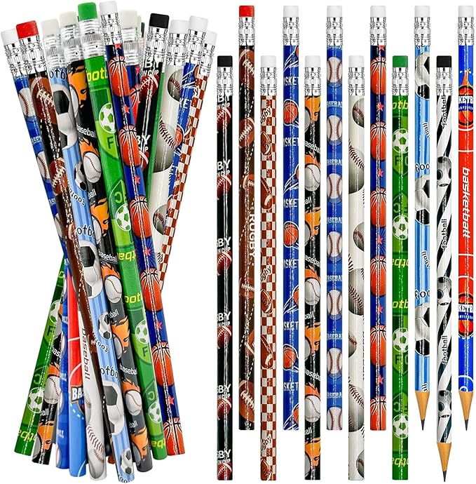 Cinrobiye 96 Pcs Sports Pencils Bulk, Basketball Football Baseball Scoeer Wood Pencils with Erasers Sports for School Prizes Classroom Exchange Gifts Party Favors Supplies, Stationary Gifts