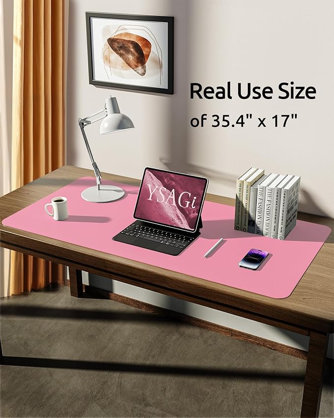 YSAGi Leather Desk Protector, Office Mat, Large Mouse Mat, Non-Slip PU Leather Blotter, Laptop Desk Mat, Waterproof Writing Pad for Office and Home (Pink, 35.4" x 17")