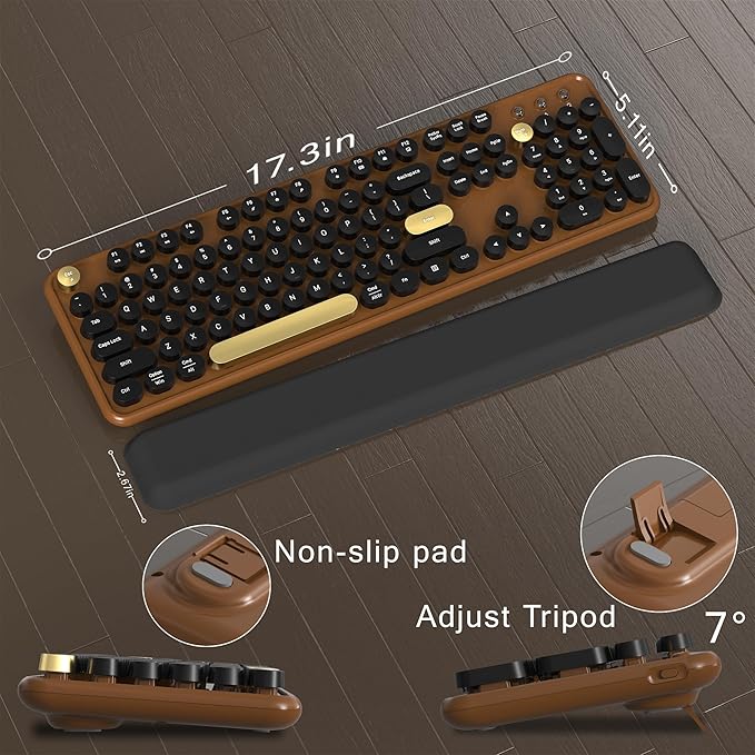 Colorful Wireless Computer Keyboard and Mouse Combo with Round Typewriter Keycaps, Retro Design, Power Switch, Ergonomic Design, 2.4GHz Wireless for Windows, Mac, PC(Black-Brown)