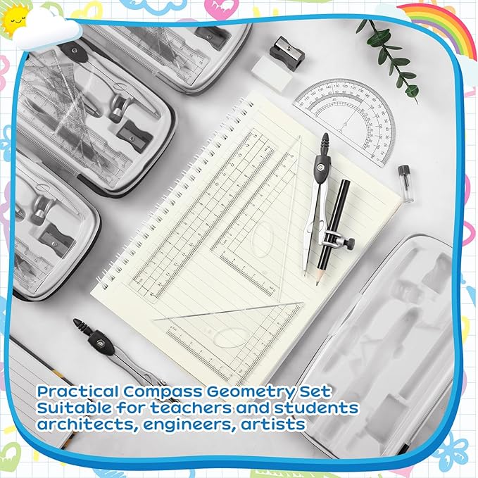 Teling 12 Sets Math Geometry Kit for Students 10 Pcs Compass Geometry Tools Set Includes Rulers Protractor Compass Eraser Pencil Sharpener Lead Refills Pencil (Black)