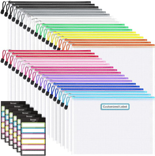 Sooez 36 Pack Mesh Zipper Pouch with Sticky Labels, A4 Mesh Bags for Board Game Puzzles Organization Storage, Durable Letter Size File Folders Organizer for Teacher School Classroom Office Supplies