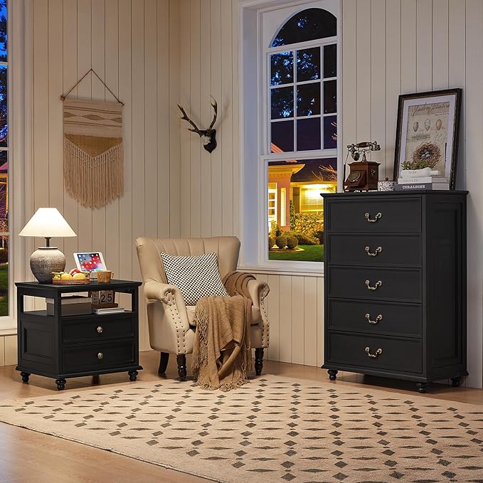 Farmhouse 5 Drawer Dresser Set of 2 for Bedroom, 45" Tall Rustic Chests of Drawers w/ 4 Solid Wood Feet, Vintage Mid Century Wooden Closet Storage Dressers Organizer for Living Room, Black
