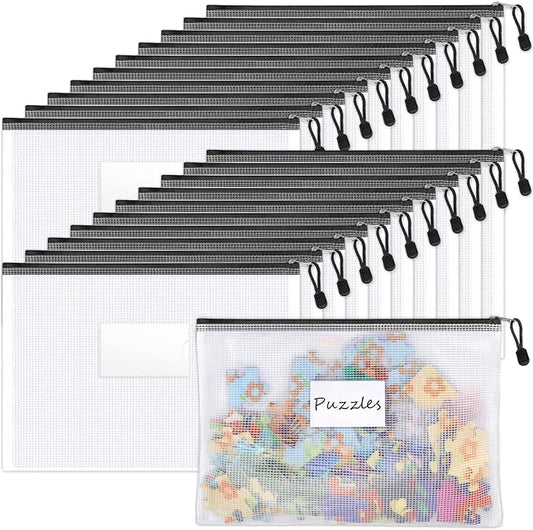 Sooez 20 Pack Mesh Zipper Pouch with Label Pocket, Plastic Zip File Folders, Letter Size A4 Zipper Document Bag for Teacher School Office Supplies, Classroom Organization, Board Game Storage,Black
