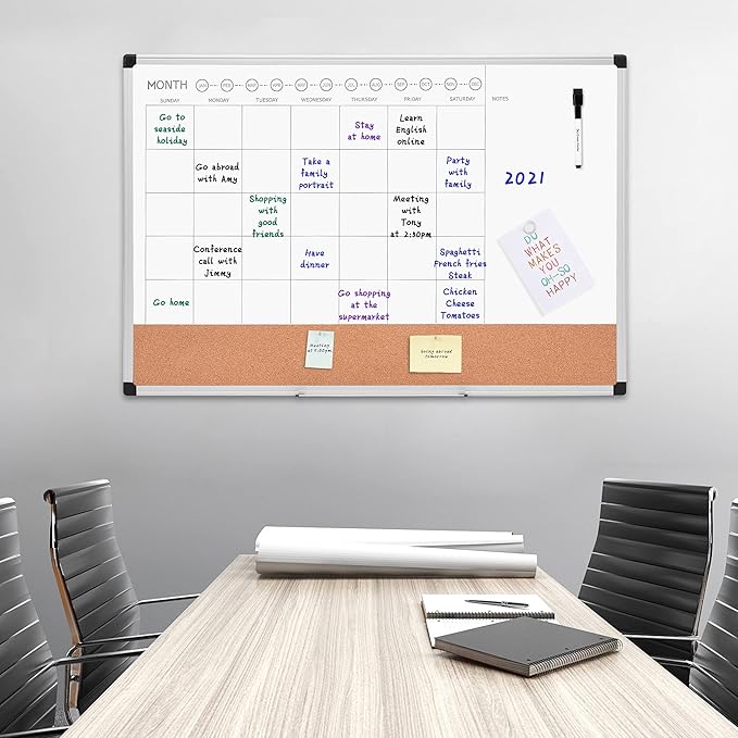 Amazon Basics 24" x 36" Monthly Whiteboard Calendar with Cork Board, Wall Mounted, Easy to Install, Silver Aluminum Frame