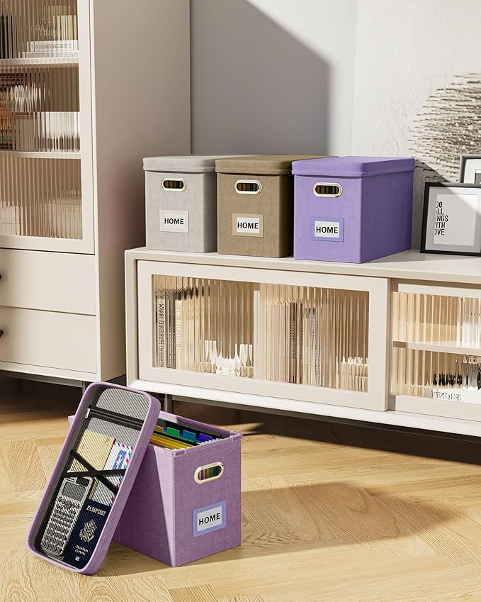 Oterri File Organizer With Lid, Hanging Filing Box With Mesh Pocket, Document Organizer for Letter Files, Portable Storage With Smooth Sliding Rail for Office & Home (2 PCS, Beige)