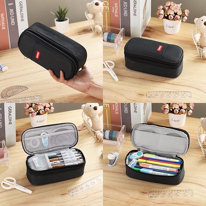 Dugio Big Pencil Case for Boys Organizer Pencil Bag with Zipper Pencil Pouch for School Teens Kids Aesthetic Large Pencil Pouch Black