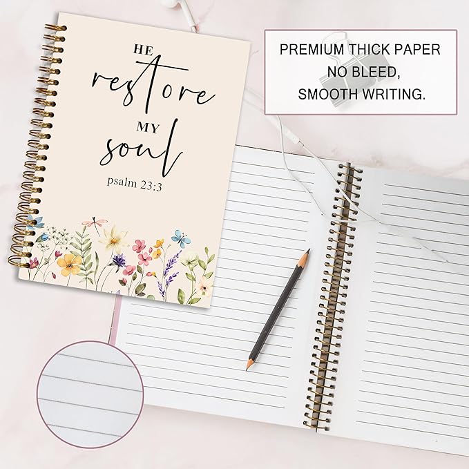 Bible Notebook, A5 Spiral Christian Journal with Floral Pink Butterfly Notebook, Bible Verse-He Restores My Soul, Inspirational Notebooks for Women, Bible Study, Gift for Birthday Christmas