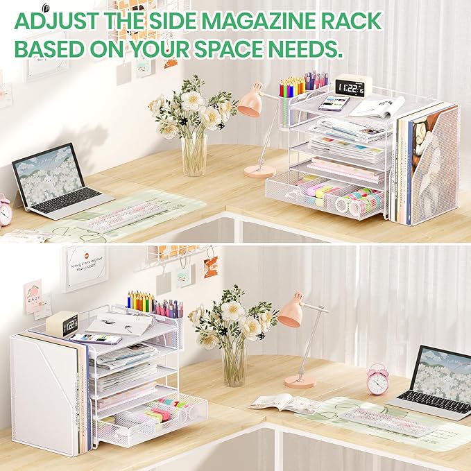 Desk Organizers and Accessories, 5-Tier Paper File Organizer with Drawer & Pen Holder, Office Desk Accessories Workspace Desktop Organizer for Office Supplies (White)