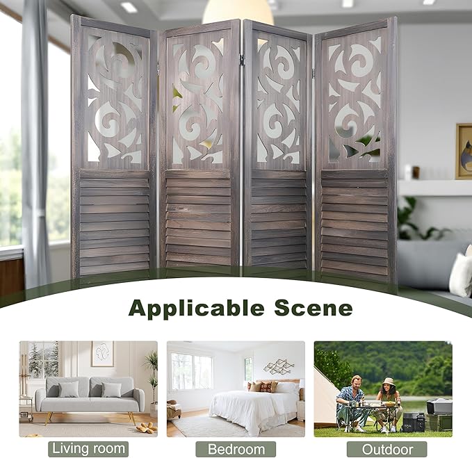 NicBex 4 Panel Room Divider,5.6FT Wood Carved Room Dividers,Folding Privacy Screens Portable Freestanding Partition Wall Dividers for Room Separation,Home Bedroom Office,Rustic Brown