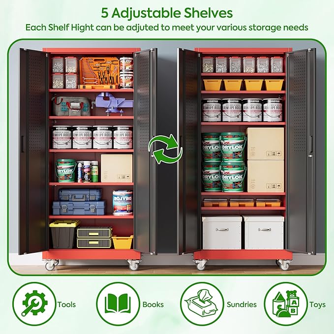 Aobabo Upgraded Garage Storage Cabinets with Wheels,Metal Storage Cabinets with 5 Adjustable Shelves for Garage Home Office Storage, Red-Black,71''H*32''W*16''D,Assembly Required