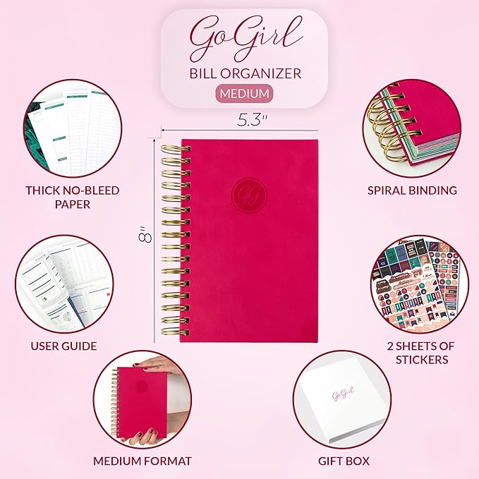 GoGirl Budget Planner & Monthly Bill Organizer – Monthly Financial Book with Pockets. Expense Tracker Notebook Journal, Compact (Hot Pink)