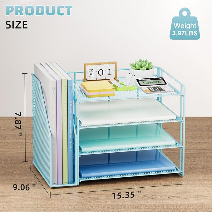 Marbrasse Desk Organizer and Accessories,4-Tier Paper Letter Tray Organizer with File Holder,Desk Accessories & Workspace Desktop Organizers for School Home Office Supplies (Blue)