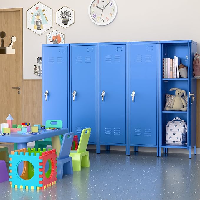 Aobabo Metal 54" H Metal Storage Locker for Employees, Lockable 1 Door with Towel Rack and 2 Side Pegboards with Hooks for School Office Gym Home, Assembly Required (Blue)