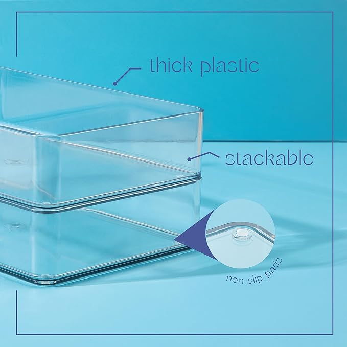 Plastic Clear Drawer Organizers. Bathroom, Kitchen, Bedroom, Jewelry, Office Organizer Bins, Storage Trays. Heavy Duty, Stackable. 9" x 3" x 2" Set of 6