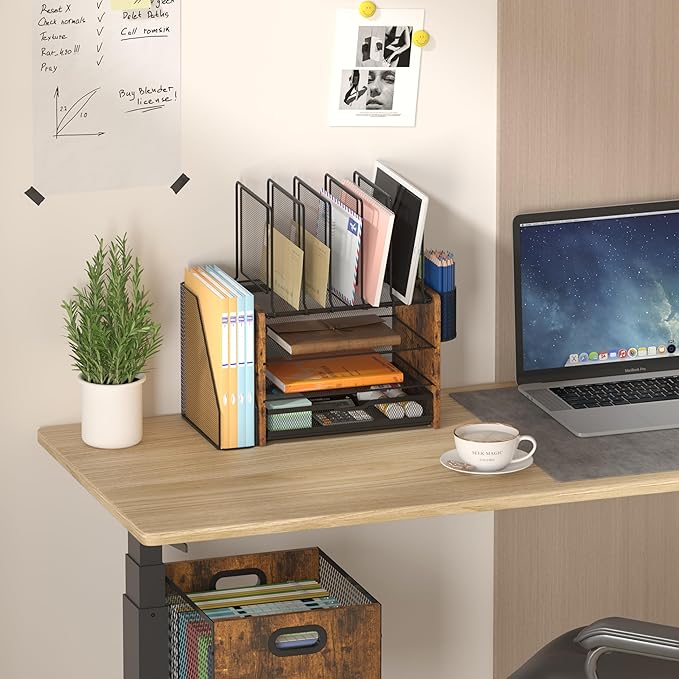 Piskyet Desk Organizer and Accessories, Wooden Desk File Organizer with Drawer,5 Vertical File Holders and 2 Pen Holders,Fancy Desktop Storage for Home Office