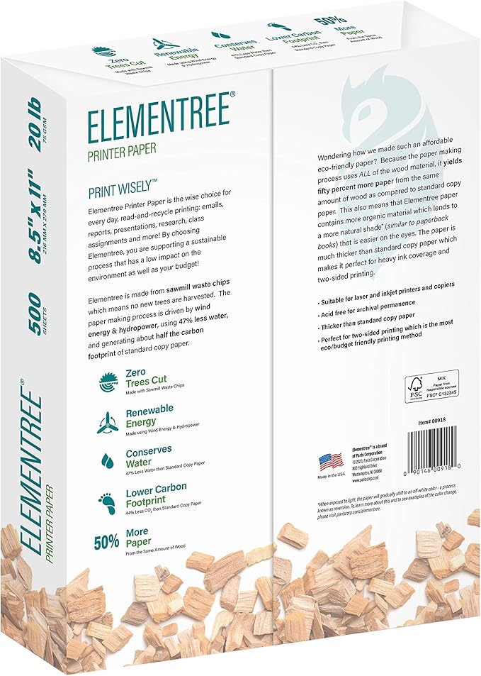 Elementree Sustainable Printer Paper Case 8.5" x 11" – Made from Sawmill Waste – 20 lb Copy & Multipurpose Computer Paper – 2500 Sheets – Made in the USA - Printer & Copier Compatible (00918C)