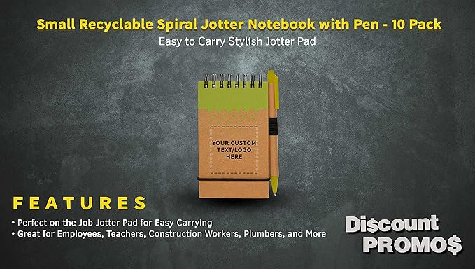 DISCOUNT PROMOS 10 Recyclable Spiral Small Notebooks Pack - Customizable Text, Logo - 60 Lined Pages - Lime Green