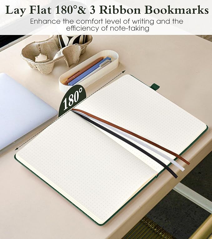 Dotted Journal Notebook for Women Men, 160 Pages Dot Grid Paper,Inner Pocket, A5 Hardcover Vintage Leather Notebooks for School, Work, Travel, Note Taking,Bullet Journaling 5.8"x8.5" (Green)