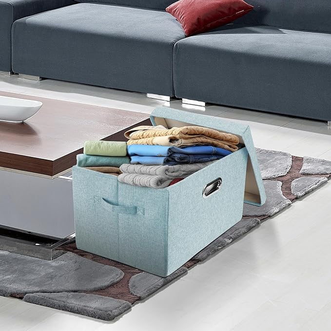 TYEERS Large Storage Bins with Lids, Collapsible, Washable, Fabric Storage Boxes for Organizing, 17.3x11.8x11.4 inches, 5 Pack, Aqua Spring