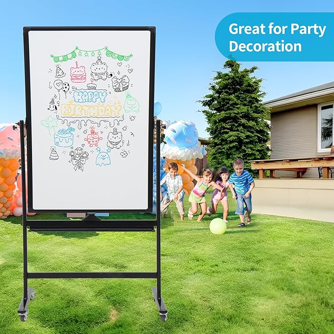 40" x 28" Double-Sided Mobile Whiteboard with Wheels | Rolling Magnetic Dry Erase Board on Stand | Adjustable Height Black Frame White Board for Office, Classroom & Home