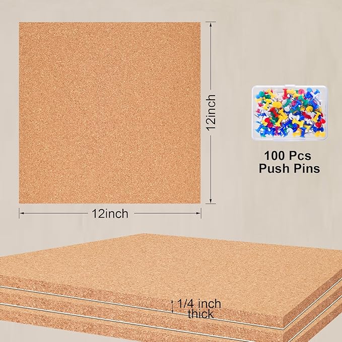 6 Pac Self-Adhesive Square Cork Boards for Wall with 100 Push Pins for Bulletin Boards Cork Wall Home School Office Decorative(12"x12"x1/4" )