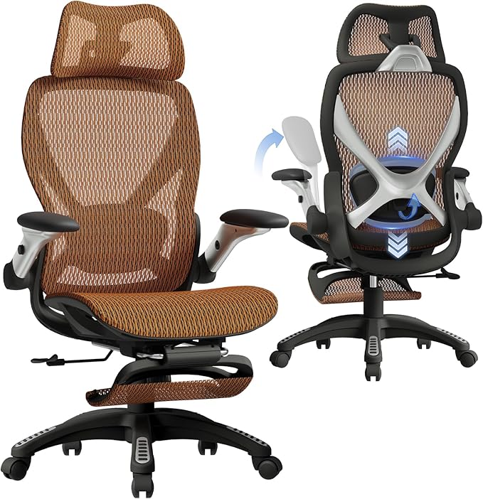 ELABEST X100 Ergonomic Office Chair with Footrest, Big and Tall Home Desk Chair with 5D Flip-Up Arms, Adjustable 10D Lumbar Support,High Back Rolling Computer Chair, Swivel Mesh Chairs