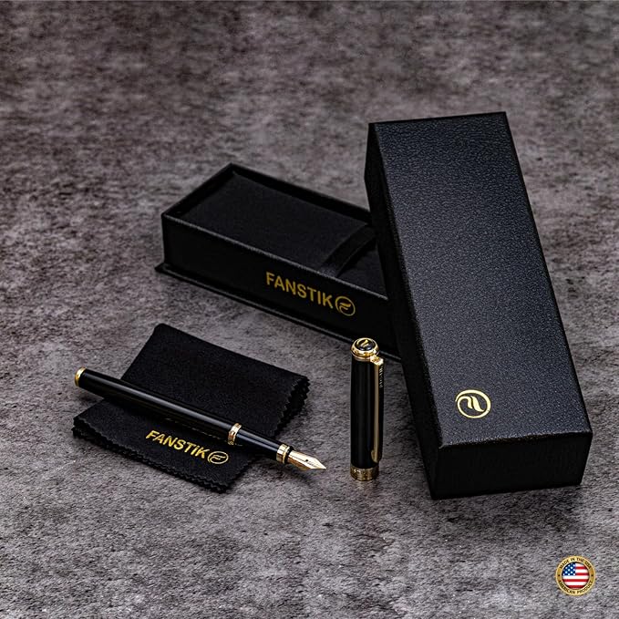 Black & Gold Luxury fountain pen (Made In USA) fancy gift set for women, Real 24K Gold Plating, Professional executive pen gift set for men (Lux fountain Black-Gold)