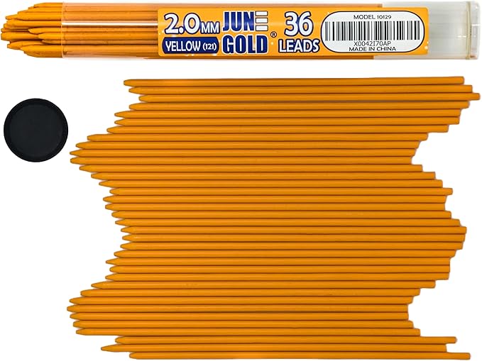 June Gold 36 Yellow (Marigold #121) Colored 2.0 mm Lead Refills, Bold Thickness for Heavy Use, Break Resistant with a Convenient Dispenser