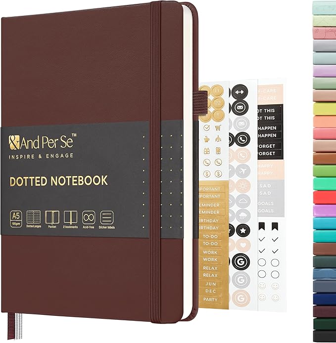 &And Per Se Dotted Journal Notebook, A5 Hardcover Bullet Dotted Journal, 160 Pages 100 gsm Thick Dotted Paper, 3 Sheets of Stickers Included - 5.7'' x 8''(Chocolate)