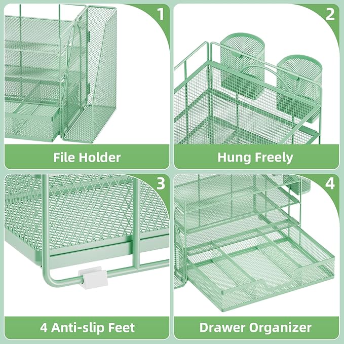 Marbrasse Desk Organizer and Accessories,4-Tier Paper Letter Tray Organizer with File Holder, Desk Accessories & Workspace Organizers with Drawer and 2 Pen Holder (Green, 15.4" x 9.1" x 8.3")