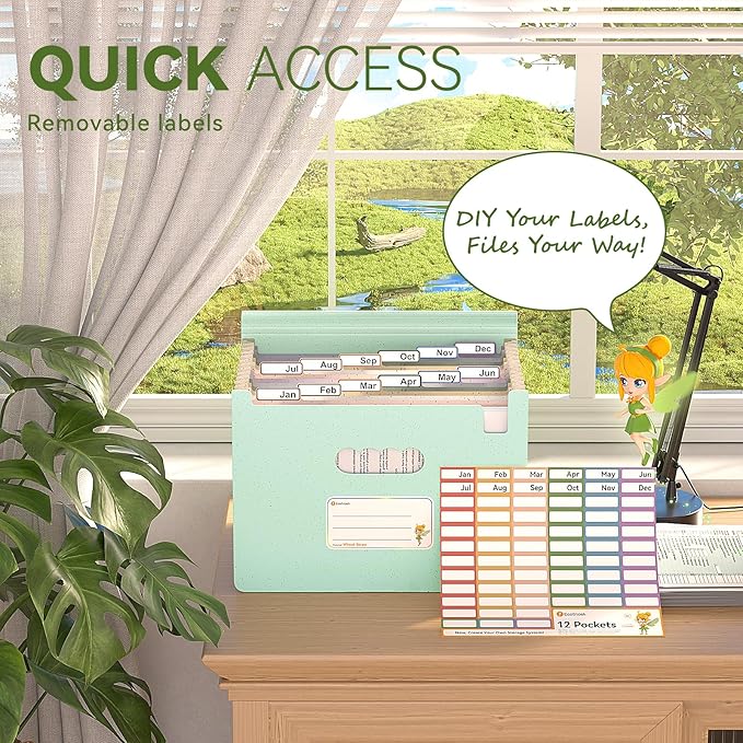 Accordion File Organizer, 12 Pockets Wheat Straw Expanding File Folder, Portable Monthly Paper Bill Tax Receipt Organizer, Letter A4 Size Document Holder,Green Office with Colorful Tab,Mint Green